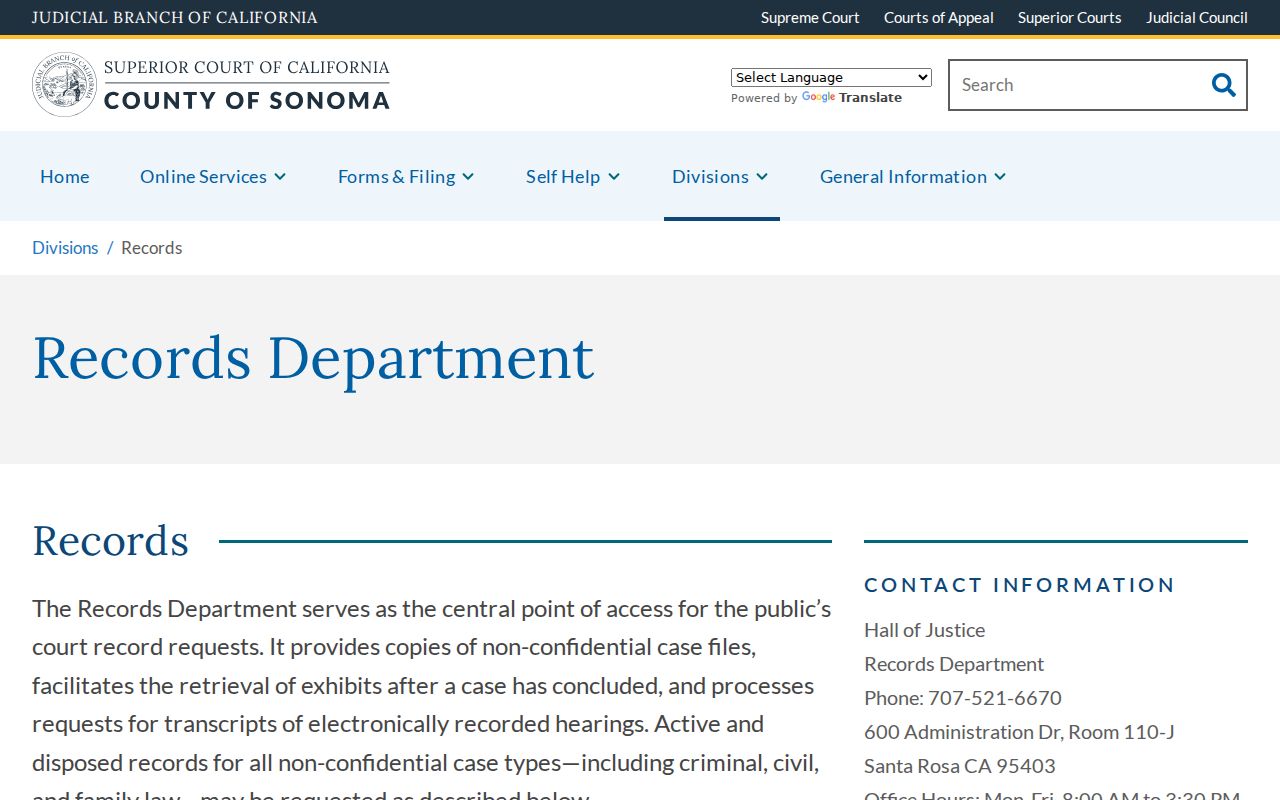 Santa Rosa people search Sonoma Superior Court records department
